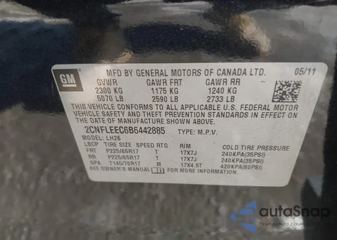 2011 Chevrolet Equinox 1Lt from USA, damaged, VIN 2CNFLEEC6B6442885